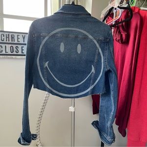 Womens Penguin cropped denim jacket with happy face size Medium